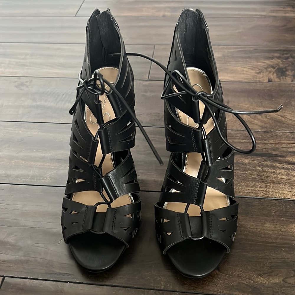 Jessica Simpson black strappy heels, size 9